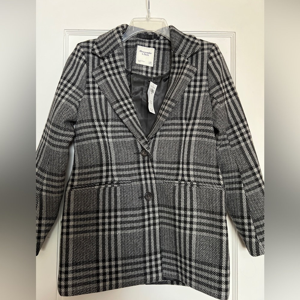 NWT Abercrombie Fitch Black Plaid Wool Blend Blazer Coat Extra Small Petite XSP